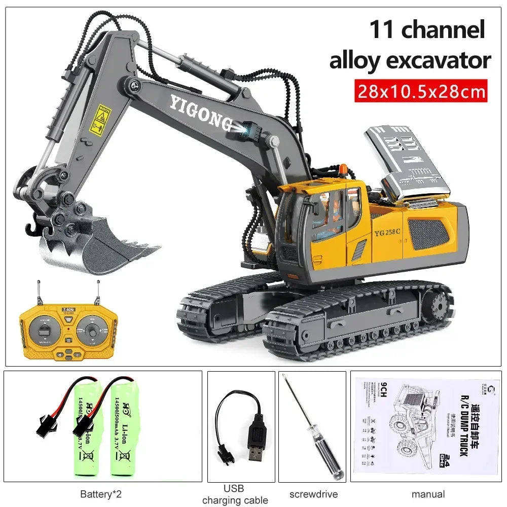 2.4G High Tech 11 Channels RC Excavator Dump Trucks Jentolak Aloi Kejuruteraan Plastik Kenderaan Mainan Elektronik Untuk Hadiah Lelaki 