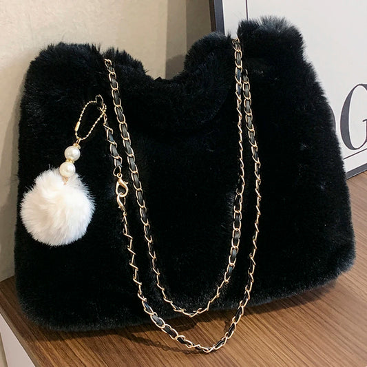 Women Fluffy Crosssbody Bag Soft Plush Satchel Bag Faux Fur with Pendant Large Capacity Female Fashion Travel Bag
