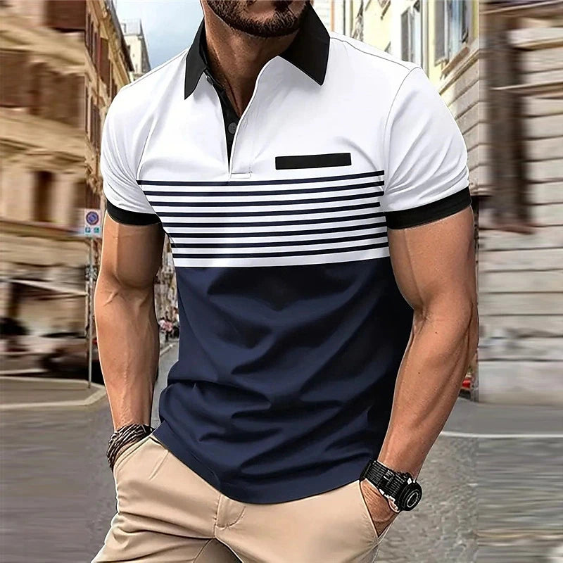 Business Men's Polo T Shirt Summer Short Sleeve Clothing Fashion Stripe Print Street Casual Buttons Tops Oversized Pullover