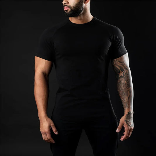 2024 New men's cotton T-shirt sports leisure running gym exercise training elastic quick drying short sleeve T-shirt men's top