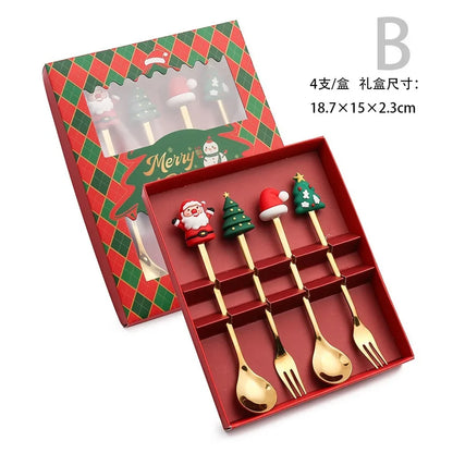 Stainless Steel Spoon,cute Creative Christmas Tree Coffee Mixing Spoon,dessert Fruit Fork,figurine Spoon Fork Cutlery,gift Set