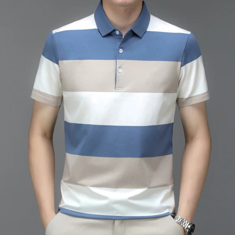 Men's Polo T Shirt Business Casual Simple Stripes Print Summer Short-Sleeve Polo Shirt Fashion Street Wear Oversized Clothes