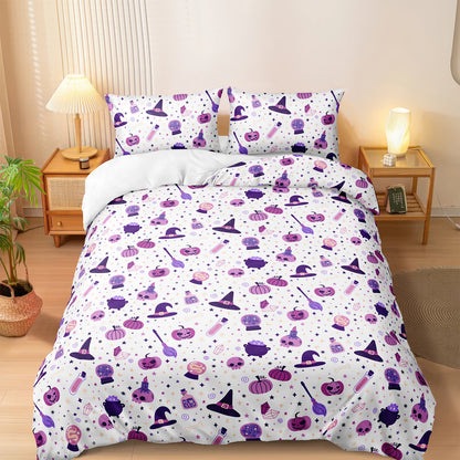 Halloween Duvet Cover Set Pink Pumpkin Comforter Cover Black Ghost Bedding Set 3PCS Microfiber Purple witch Quilt Cover