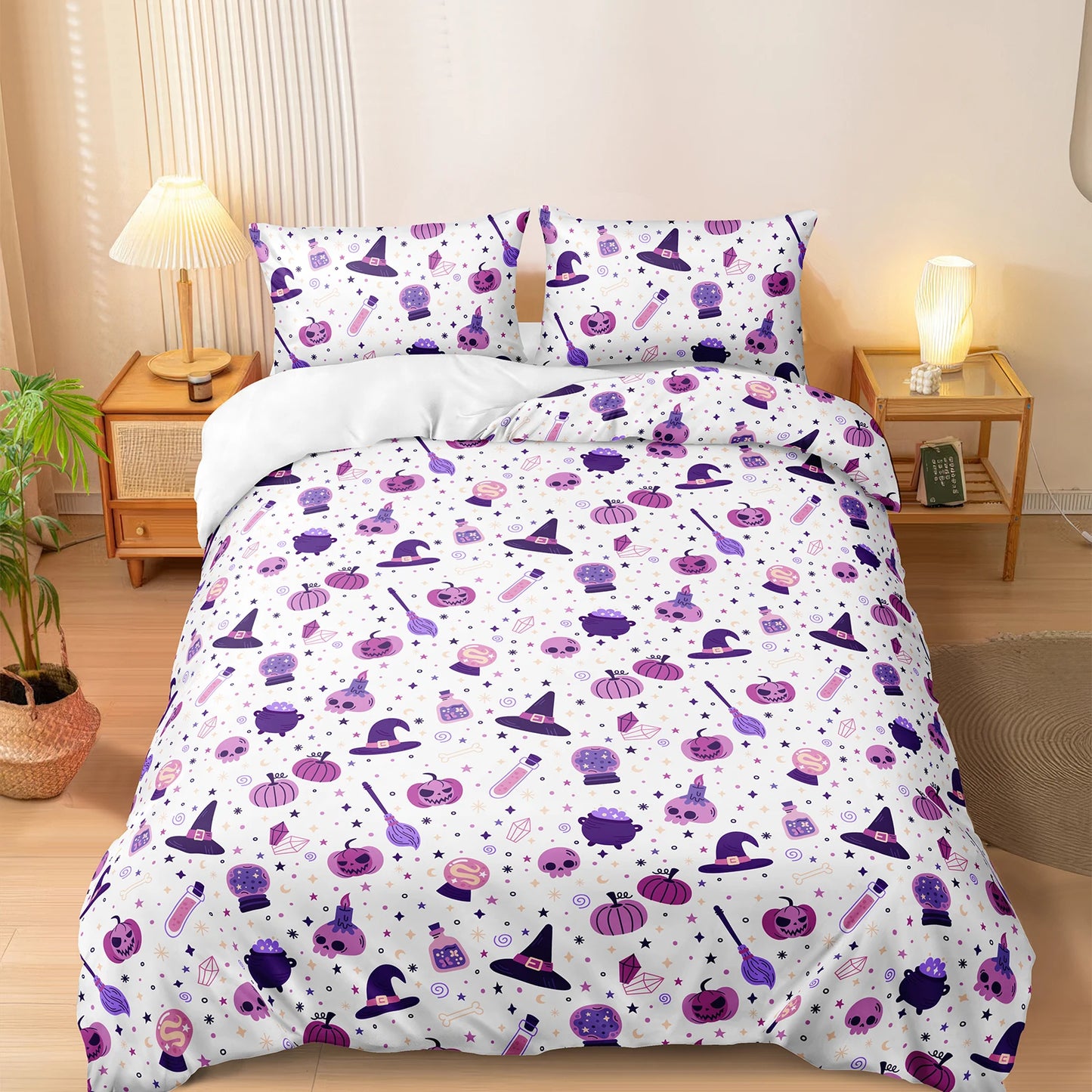 Halloween Duvet Cover Set Pink Pumpkin Comforter Cover Black Ghost Bedding Set 3PCS Microfiber Purple witch Quilt Cover