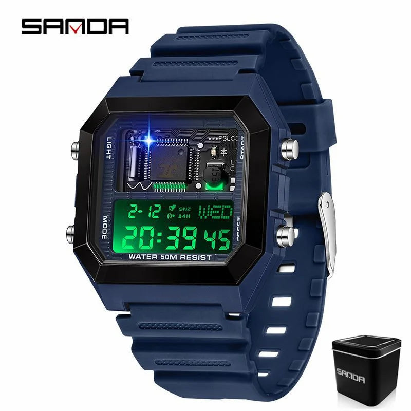 SANDAD 6216 Men's Electronic Watch Square Multifunctional Chronograph Date Silicone Strap Digital Display Wrist Watches for Male