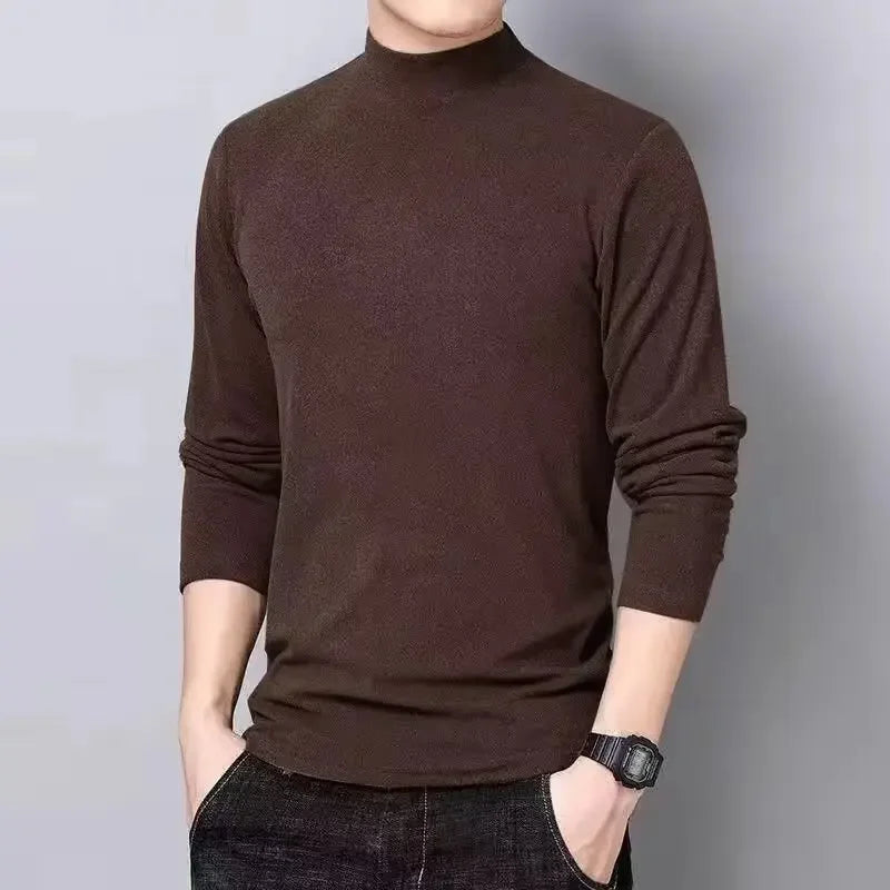 Men's Autumn/Winter Fleece-Lined Half Polo Turtle Neck Long Sleeve T-Shirt Crew Neck Base Layer Top For Men Inner Clothing