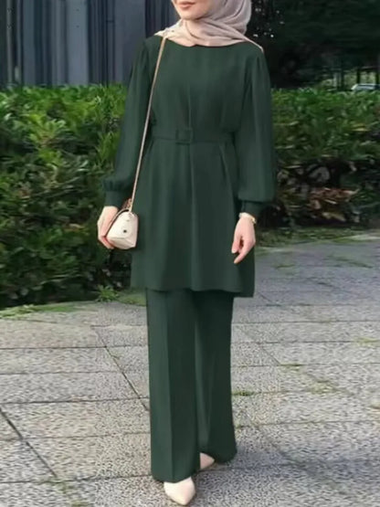 Set Padanan Wanita Muslimah Baju Atasan Warna Pepejal Lengan Panjang dengan Tali Pinggang dan Sut Seluar Longgar Fesyen Elegan Kasual Tracksuit Kaftan 
