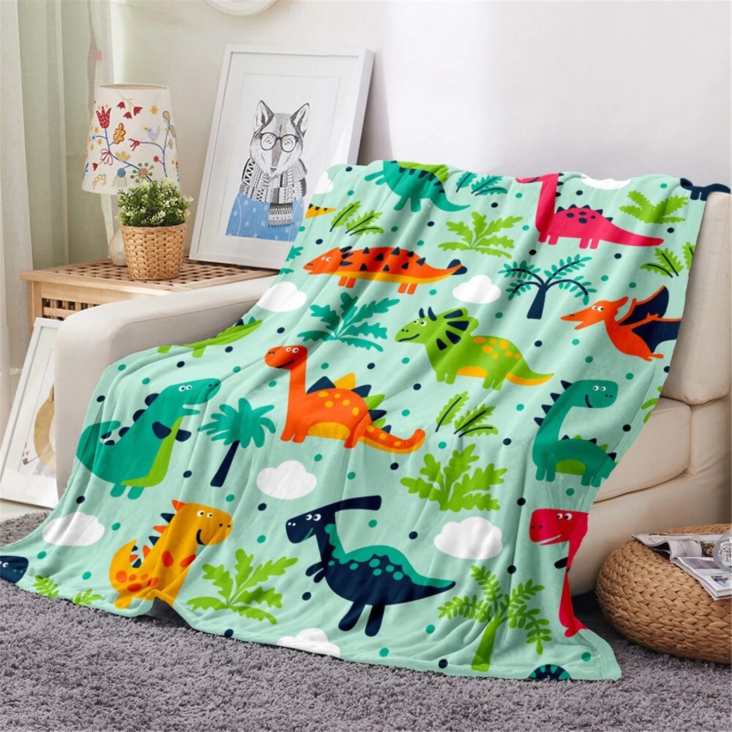 KACISSTY Cartoon Dinosaur Baby Blanket Soft Flannel Throw Blanket for Chair Travel Camping Kids Adults Bed Couch Cover 5 Size