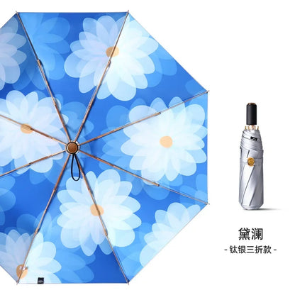 Sunshade Folding Umbrella for Women, Thickened Titanium Silver Cloths, Anti Sun UV, Windproof Waterproof, Rain Umbrellas Parasol