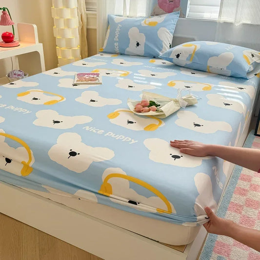 1 pc 100%Cotton Bed Sheet Cartoon Fish Printed Fitted Sheet with Elastic Band Single/Queen/King Pure Cotton Bed Botton Sheets