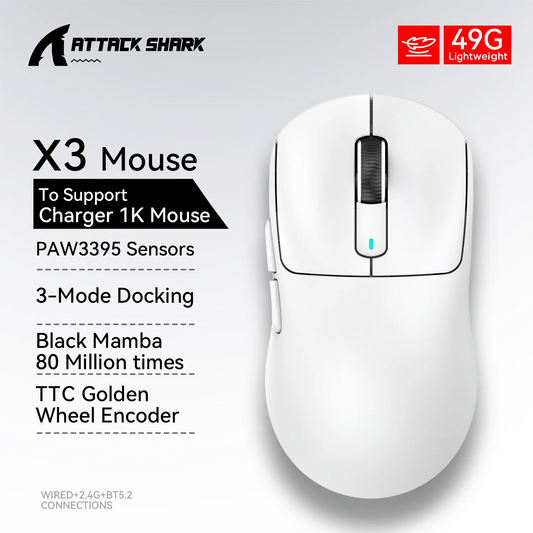 Attack Shark X3 mouse  49g Lightweight Mouse Pixart 3395 Gaming Mouse Wireless 2.4G Bluetooth Gaming Esport Mouse Laptop