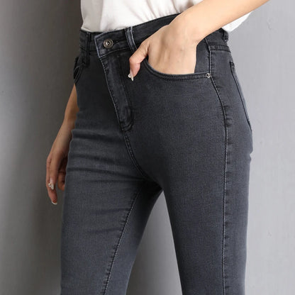 Jeans untuk Wanita Ibu Jeans Biru Kelabu Hitam Wanita Tinggi Anjal Seluar Jeans Regangan Denim Wanita Dibasuh Seluar Pensel Kurus 