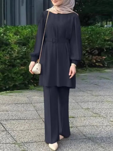 Set Padanan Wanita Muslimah Baju Atasan Warna Pepejal Lengan Panjang dengan Tali Pinggang dan Sut Seluar Longgar Fesyen Elegan Kasual Tracksuit Kaftan 