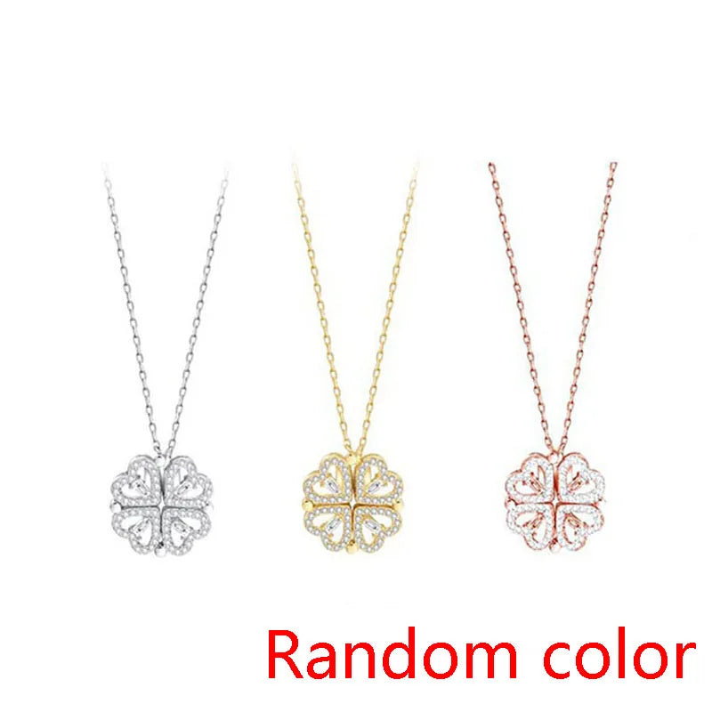 Heart Shaped Four Leaf Clover Pendant Necklace Silver Gold Jewelry Zircon Women Love Clavicle Chain Gifts Openable ChokerJewelry