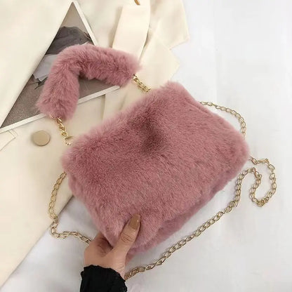 Winter Plush Tote Handbag Versatile Fluffy Shoulder Bag Soft Cute Chain Crossbody Bag Fashion Women Girls Small Square Handbag