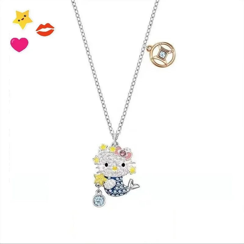 Hello Kitty Necklace Sanrio Anime Character Pink Peach Heart Crystal Cat Push-Pull Bracelet Pendant Couple Decoration Girl Gift