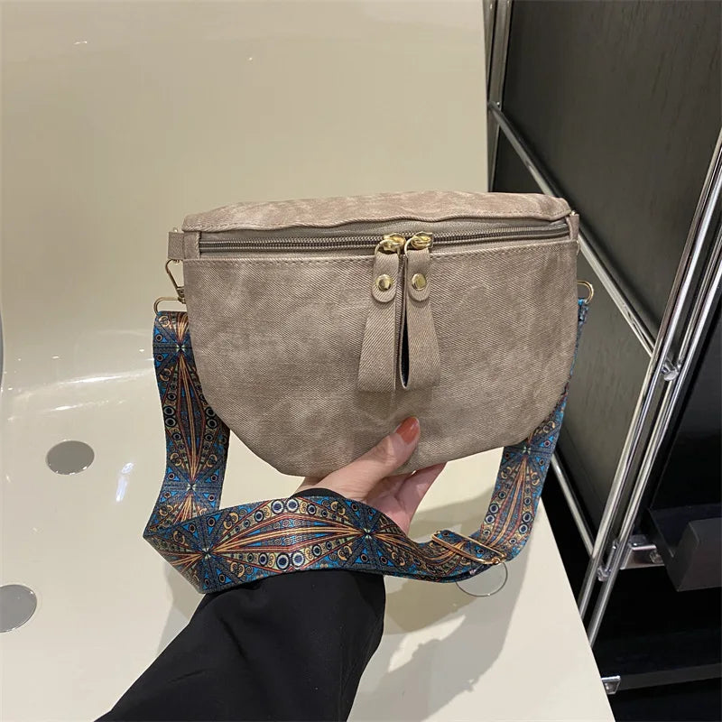 Beg Dada Bergaya Hobo Warna Pepejal Pereka Mewah Beg Dada Wanita PU Kulit Beg Pinggang Fesyen Tali Lebar Pek Bahu Fanny 