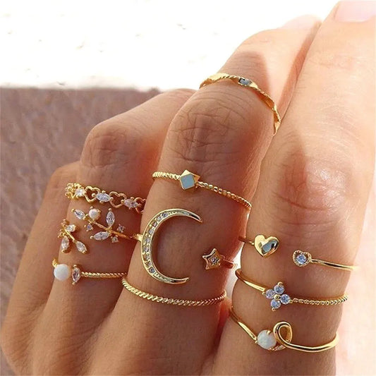 10Pcs Cincin Saman untuk Wanita Set Cincin Rantai Warna Emas Gaya Bohemian Syiling Ular Bulan Bintang Trend Parti Perhiasan Hadiah 