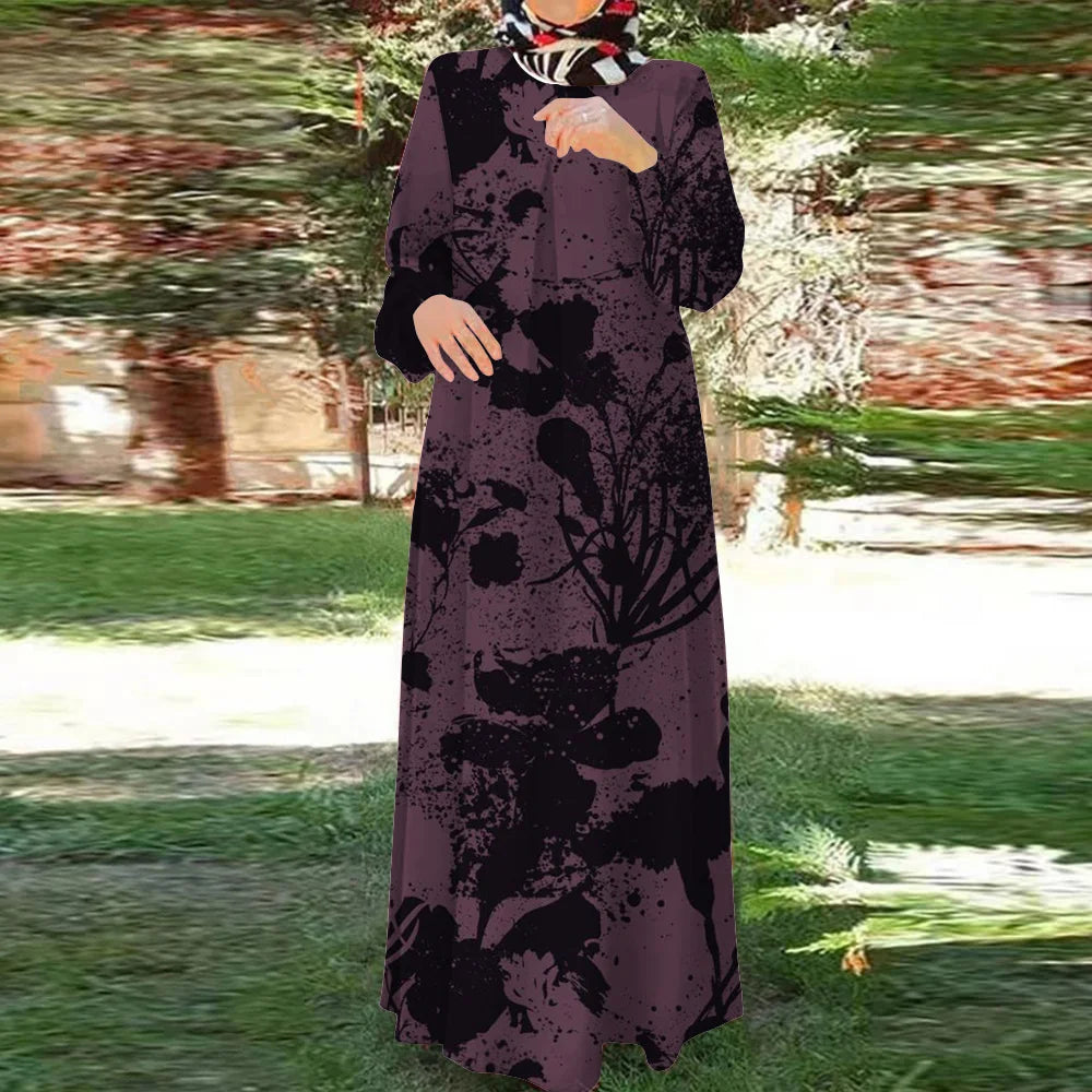 2024Elegant Muslim Islam Abaya Women Floral Print Dubai Turkey Long Sleeves O-neck Muslim Dresses Casual Arab Abaya Morocco Robe