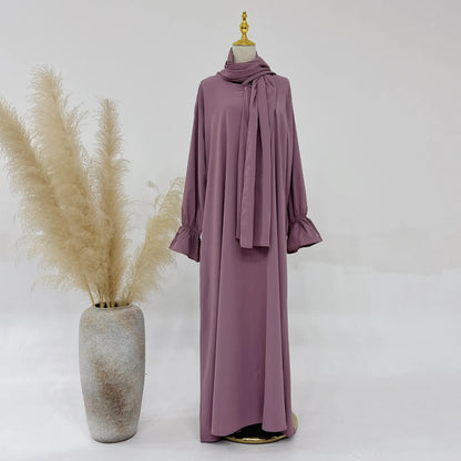 Hooded Abaya Prayer Dress with Attached Hijab Scarf Flare Sleeves One Piece Jilbab Muslim Women Ramadan Eid Dubai Islam Clothing