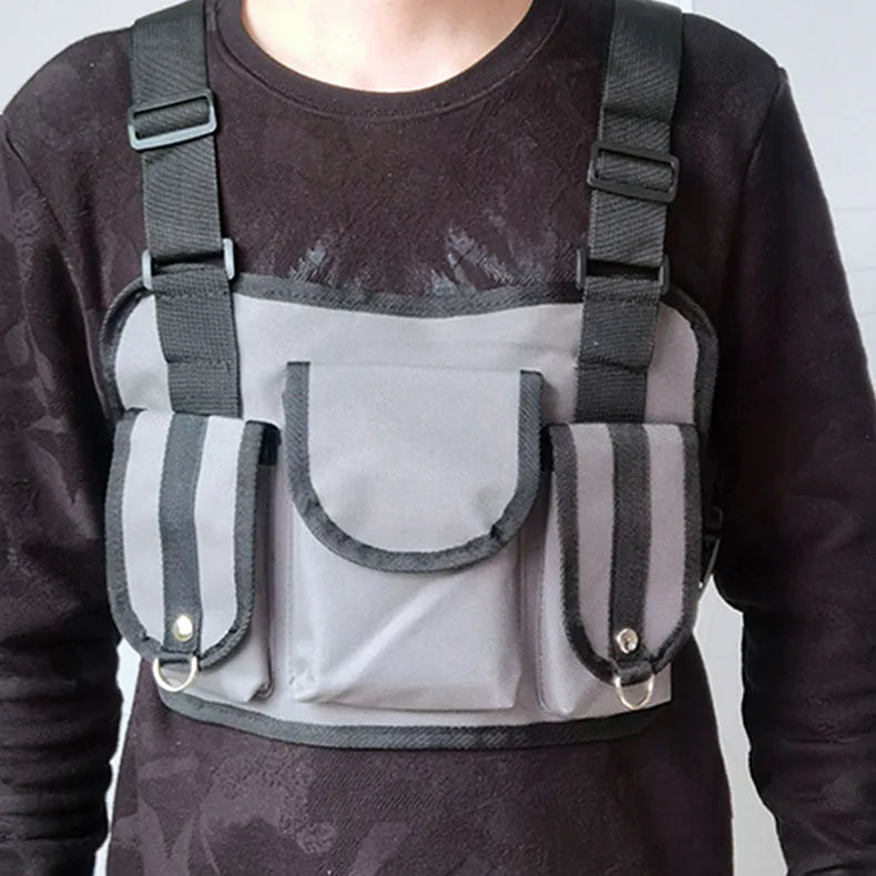 Beg Dada Taktikal Berfungsi untuk Lelaki Fesyen Peluru Hip Hop Vest Beg Streetwear Beg Pinggang Uniseks Beg Rig Dada Hitam 899 