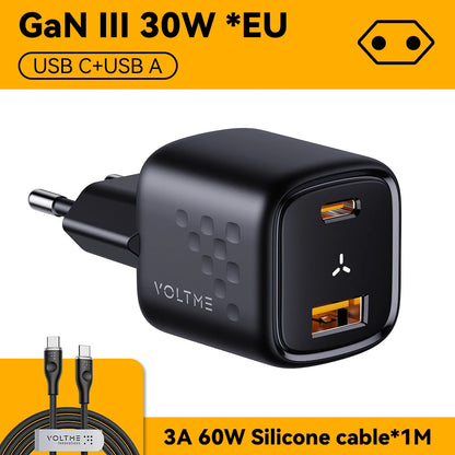 VOLTME USB C 快速充电器 30W GaN 充电器 QC PD 3.0 双端口便携式适配器适用于 iPhone 13 12 iPad 小米快速壁式充电器