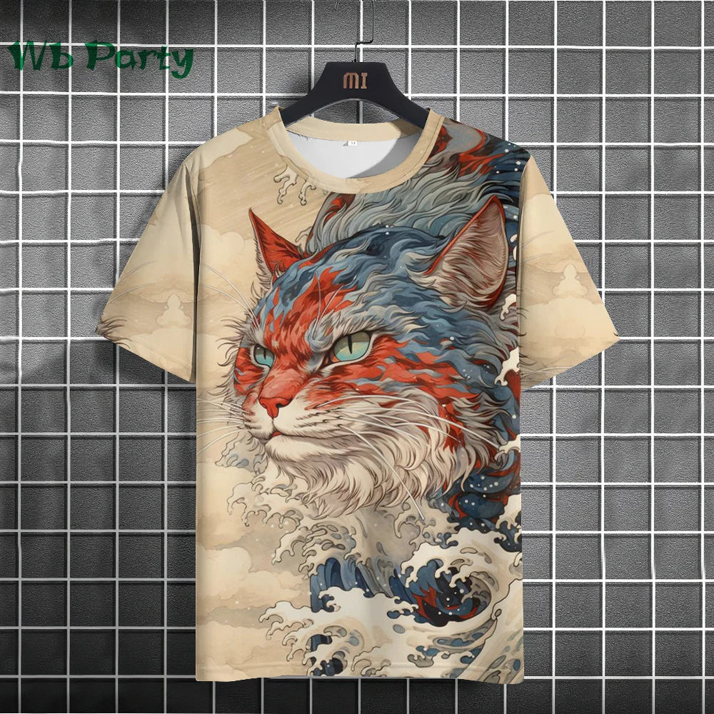 Vintage Cat Pattern Print Short Sleeve T-shirts Man Cat Print Custom T shirt Vintage Shirts Graphic Tee Men's Summer Clothes Tee