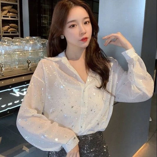 Beautiful Summer Women's Shirts 2024 Black Korean Long Sleeve Ladies Blouses 2024 Top Cool Trends Chiffon Vintage Sequin Youth