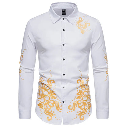 Men's shirt casual and comfortable gold wing floral print shirt 2024 hot selling slim long sleeve formal shirt business fashion