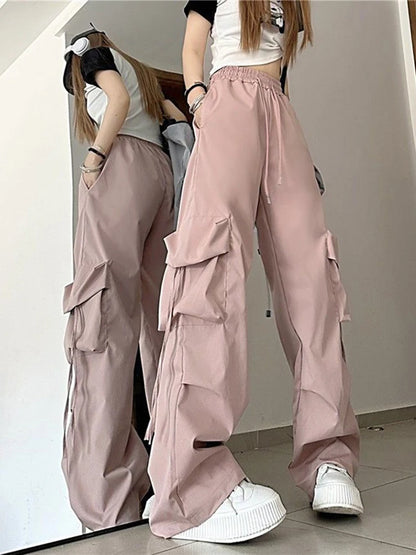 Seluar Kargo Zoki Harajuku Wanita Streetwear Y2K Hip Hop Seluar Hitam Fesyen Pinggang Tinggi Bertali Seluar Rekaan Longgar Wanita Baru 