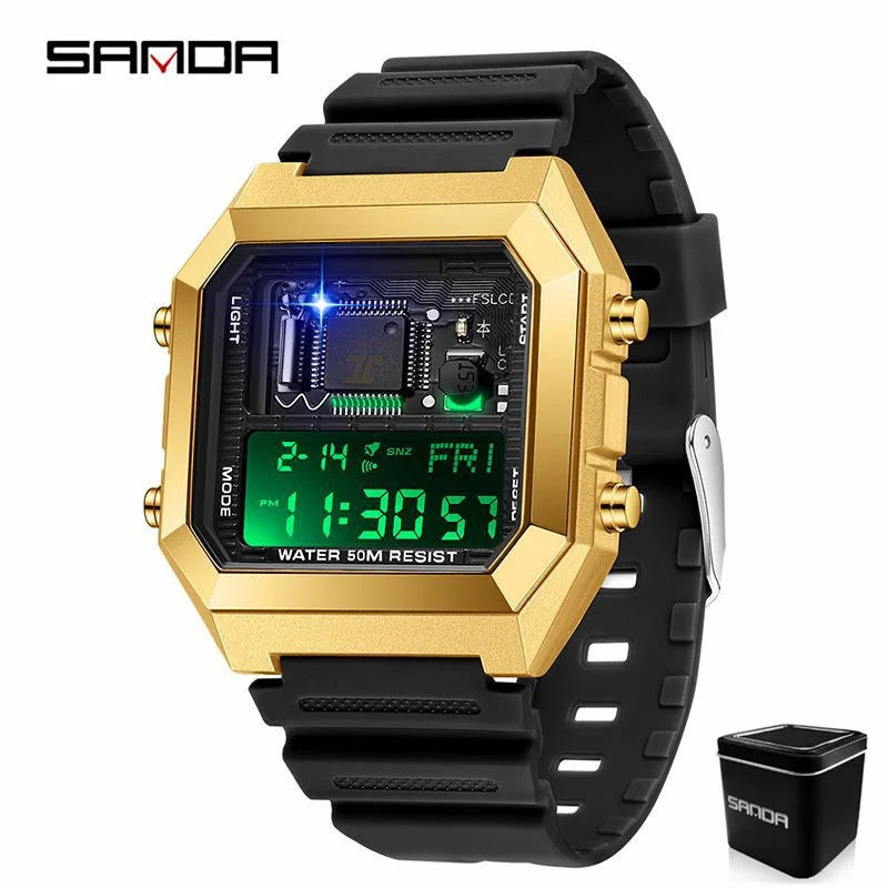 SANDAD 6216 Men's Electronic Watch Square Multifunctional Chronograph Date Silicone Strap Digital Display Wrist Watches for Male