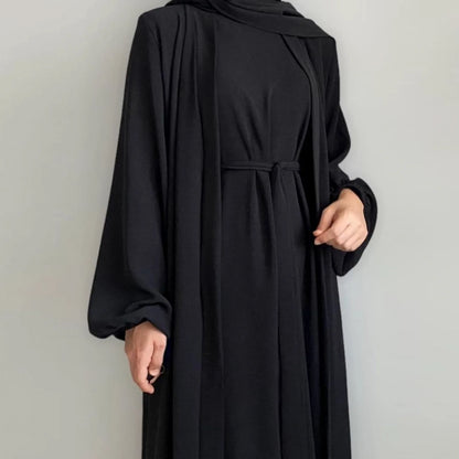 Eid Muslim Party Abaya for Women Cardigan Turkey Dubai solid color two piece suit  Jalabiya Long Dresses Morocco Kaftan LR726