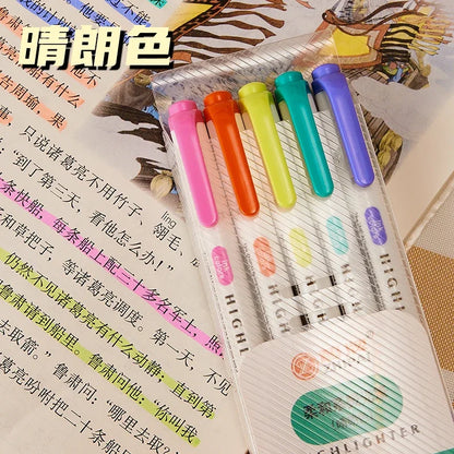 5 Colors/box Double Headed Highlighter Pen Set Fluorescent Drawing Markers Highlighters Pens Art Japanese Cute Pastel Stationery