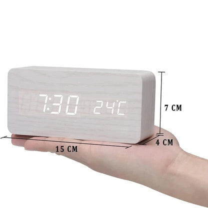 Jam Penggera untuk Bilik Tidur Meja Sisi Katil Hiasan Meja Kayu Bangun Jam Meja Dengan Suhu Dipimpin Jam Digital Cahaya Subuh