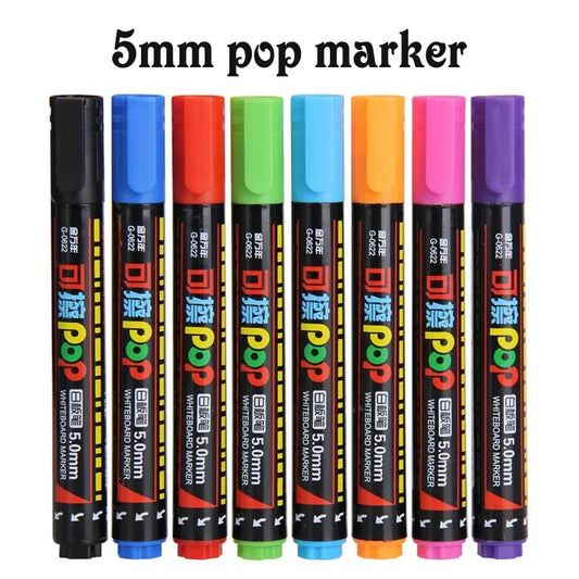 Genvana 8 Assorted Colored Dry Erase Whiteboard POP Markers Erasing White Board Refillable markers 5MM 12MM Chisel Tip Low Odor