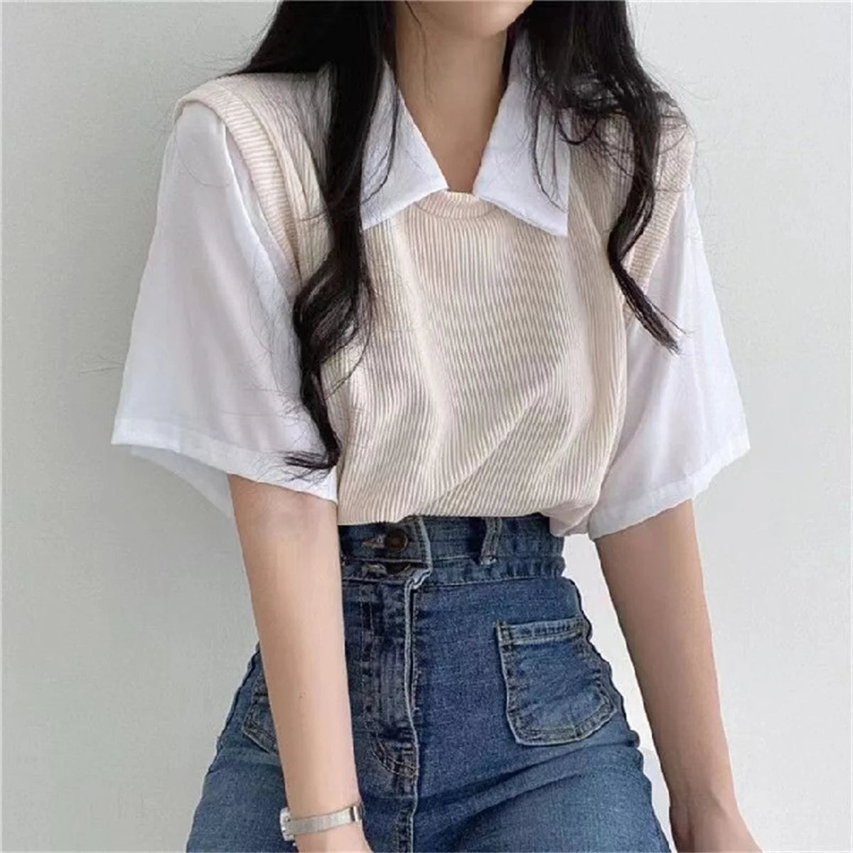 Summer Blouse Women Korean Style False Two-piece Polo Collar Blouses Y2k Tops Streetwear Loose Youth Pullovers Elegant Shirt