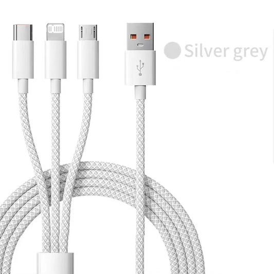 Kabel 6A 3 Dalam 1 USB Jenis C Kabel Pengecasan Super Pantas 66W untuk Huawei Xiaomi Samsung OPPO Lightning Data Cord untuk iPhone 1.2/2/3M 