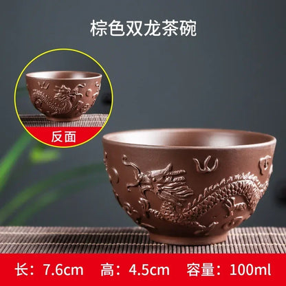 Zisha Handmade Tea Set, Tea Bowl, Chinese Style, Dragon Pattern, Ceramic Clay Kettle, Gift for Birthday Present, Decorations