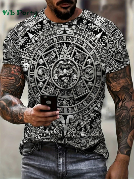 Aztec Themed Pattern 3D Print T shirt Compression Shirt Short Sleeve Tee Men's Summer T-shirts Vintage Print Men's Clothes Tops