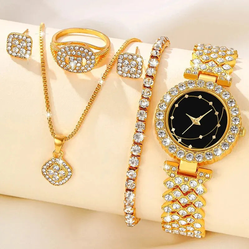 5pcs Set Jam Tangan Kuarza Wanita Kasual Bergaya Jam Tangan Kuarza WANITA Kalung Cincin Anting-Anting Set Jam 