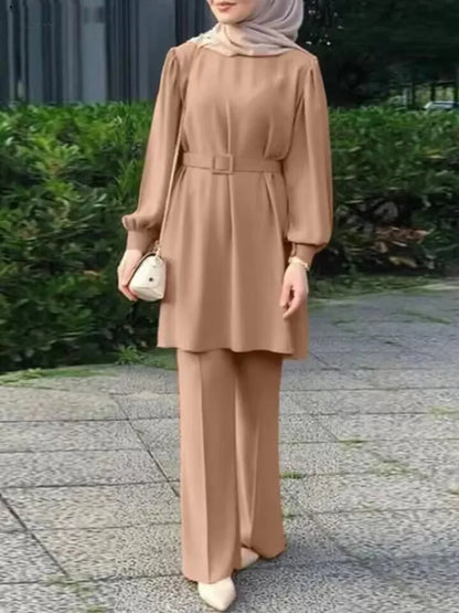 Set Padanan Wanita Muslimah Baju Atasan Warna Pepejal Lengan Panjang dengan Tali Pinggang dan Sut Seluar Longgar Fesyen Elegan Kasual Tracksuit Kaftan 