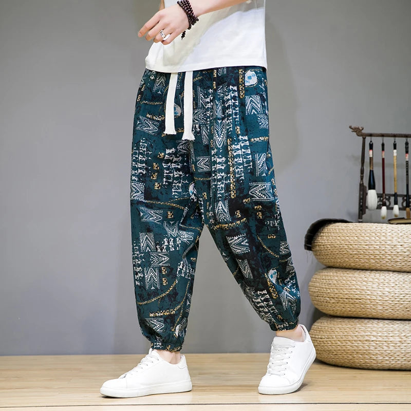 Chinese Style Man Pants Spring Summer Thin Breathable Cotton Linen Pants Men Harem Pants Printed Casual Pants Loose Pants Men