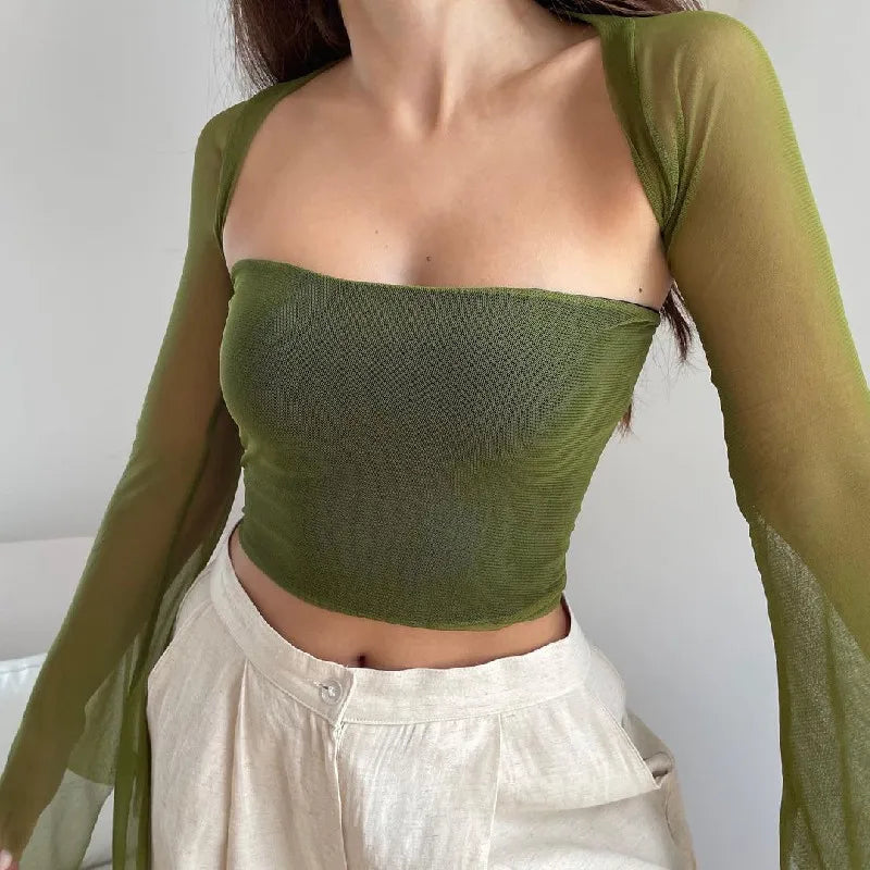 Xeemilo Aesthetic Vintage Women 2 Piece Sets Green Strapless Tank Top With Sexy Mesh Sheer Flare Long Sleeve Shawl Street Outfit