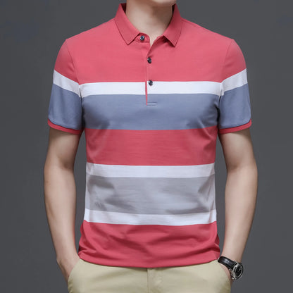 Men's Polo T Shirt Business Casual Simple Stripes Print Summer Short-Sleeve Polo Shirt Fashion Street Wear Oversized Clothes