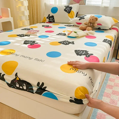 1 pc 100%Cotton Bed Sheet Cartoon Fish Printed Fitted Sheet with Elastic Band Single/Queen/King Pure Cotton Bed Botton Sheets