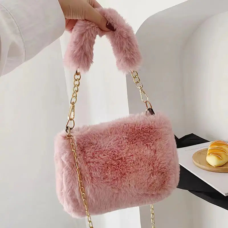 Winter Plush Tote Handbag Versatile Fluffy Shoulder Bag Soft Cute Chain Crossbody Bag Fashion Women Girls Small Square Handbag