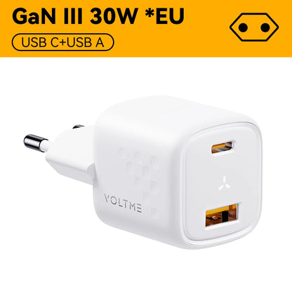 VOLTME USB C 快速充电器 30W GaN 充电器 QC PD 3.0 双端口便携式适配器适用于 iPhone 13 12 iPad 小米快速壁式充电器