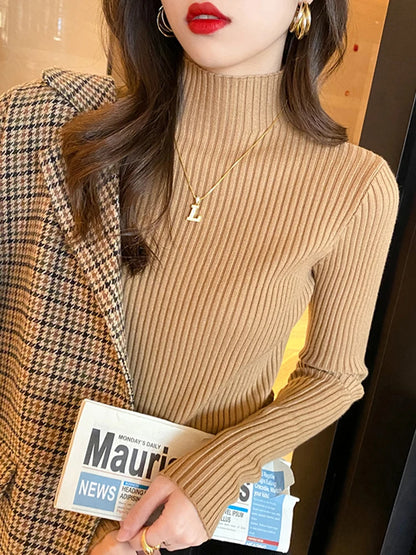 Atasan Rajutan Asas Pepejal Elegan Sweater Turtlneck Wanita Lengan Panjang Pullover Ramping Kasual Fesyen Korea Pakaian Bergaya Mudah 