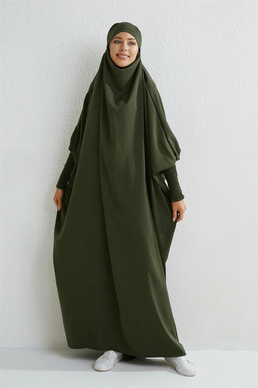Muslim Abaya Women Jilbab Hooded Smocking Sleeve One-piece Prayer Dress Islamic Clothing Dubai Saudi Black Robe Turkish Modesty