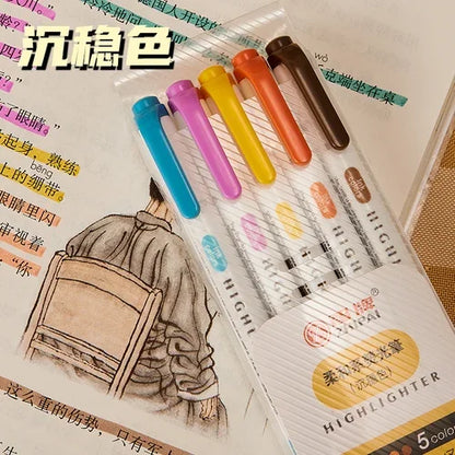 5 Colors/box Double Headed Highlighter Pen Set Fluorescent Drawing Markers Highlighters Pens Art Japanese Cute Pastel Stationery